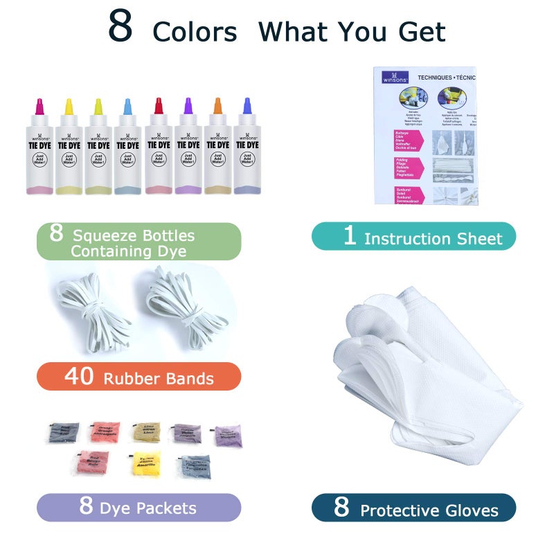 WINSONS Tie Dye Kit, 8 Colours Non Toxic Permanent Fabric Dye Art Set for Kids Women for Homemade Party Creative Group Activities DIY Gift - Image 2